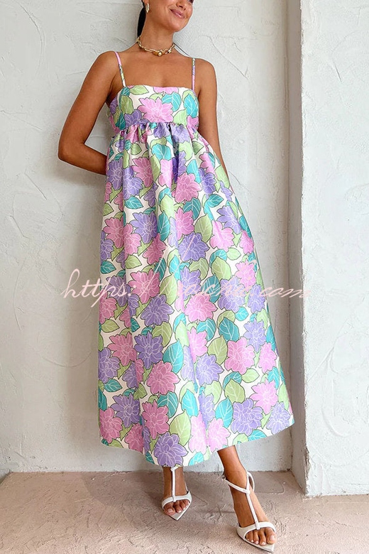 Garden Goddess Floral Print Back Bow Design A-line Midi Dress