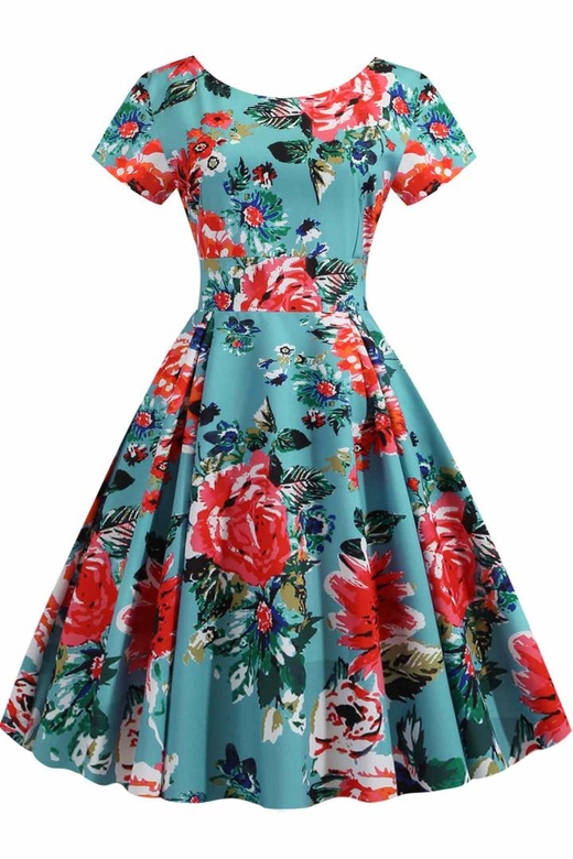 Retro Floral Print Scoop A-Line Dress for Classic Charm