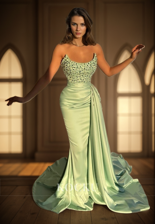 Glamorous & Dramatic Sleeveless Mermaid Beaded Evening Party Gown