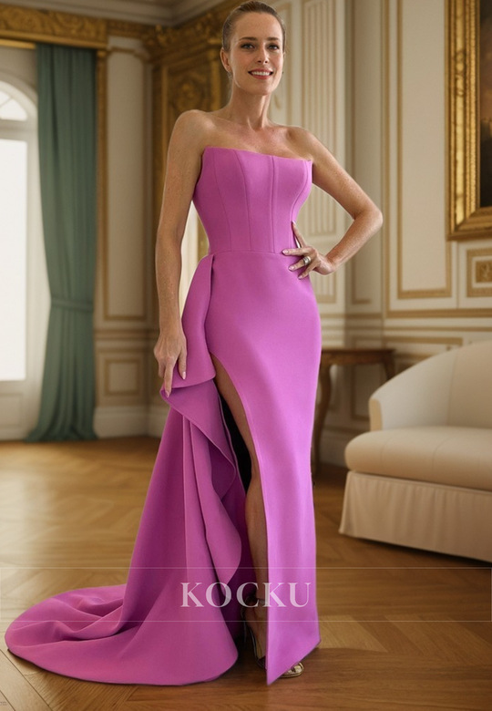 Elegant & Simple Off-Shoulder Sleeveless Split Evening Party Gown