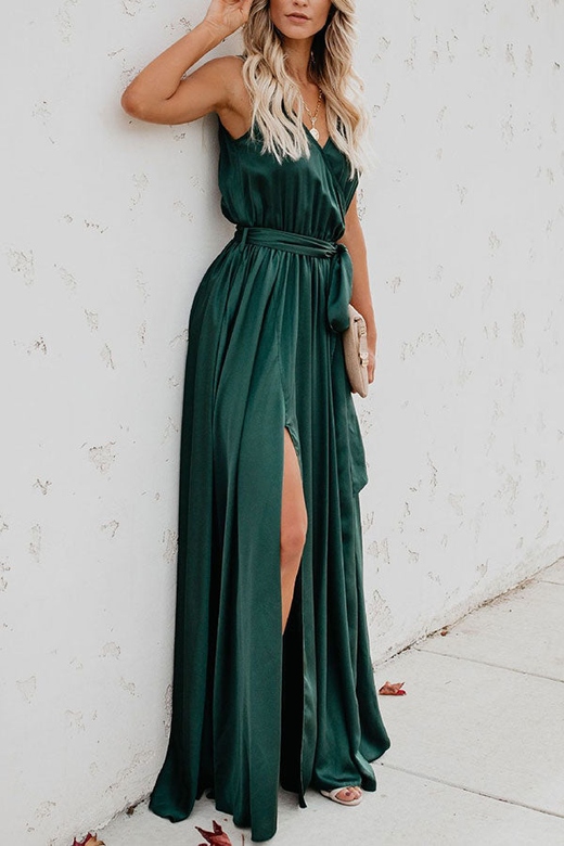 Plain Sleeveless Lace-Up Slit Maxi Dress for Simple Elegance