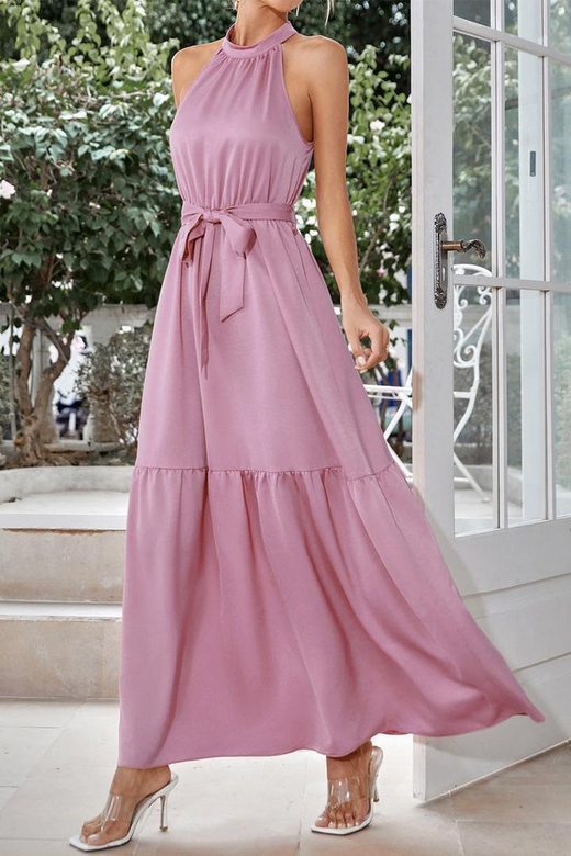 Elegant Solid Halter Neck Lace-Up Maxi Dress for Grace