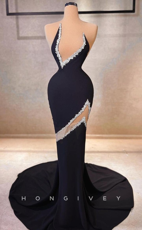 Elegant Satin Trumpet Asymmetrical V-Neck Beaded Prom Evening Dress