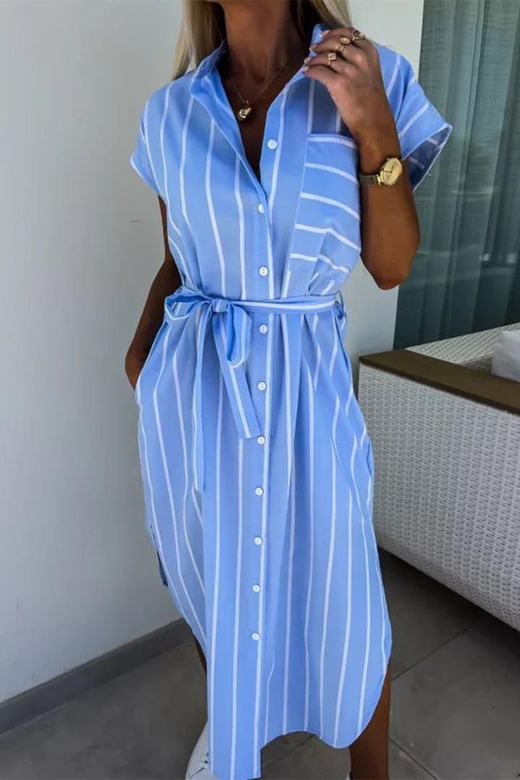 Elegant Striped Buckle Shirt Dresses