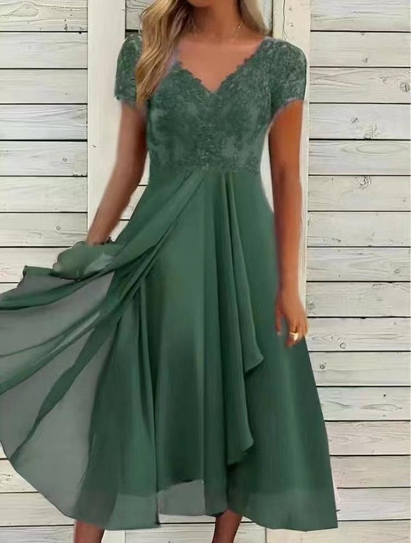 Green Short Sleeve Chiffon Midi Dress for Fresh Elegance