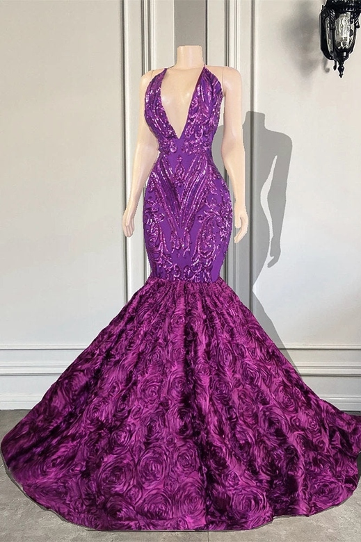 Purple V-Neck Sleeveless Flowered Mermaid Prom Dress