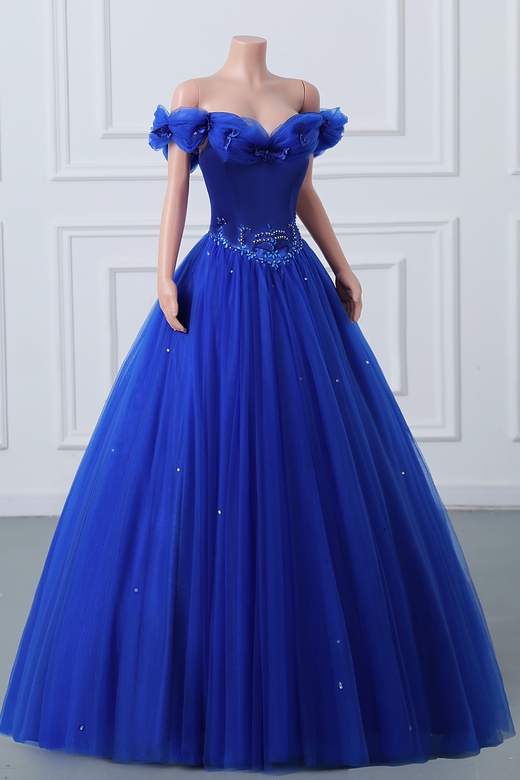 Royal Blue Off-the-Shoulder Sweetheart Beaded Flowers Tulle Ball Gown