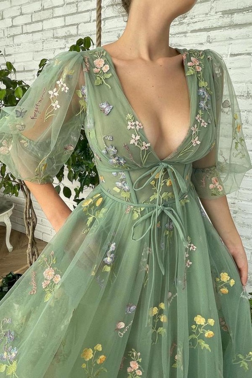 V-Neck Tulle Sage Green Floral Long Prom Dress