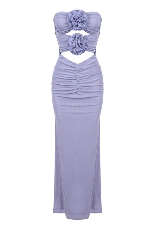 Glamorous Rosette Strapless Cutout Gathered Mesh Evening Maxi