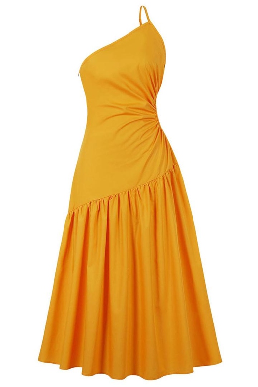 Yellow One Shoulder Cut Out Tea Length Prom Dress for Sunny Elegance