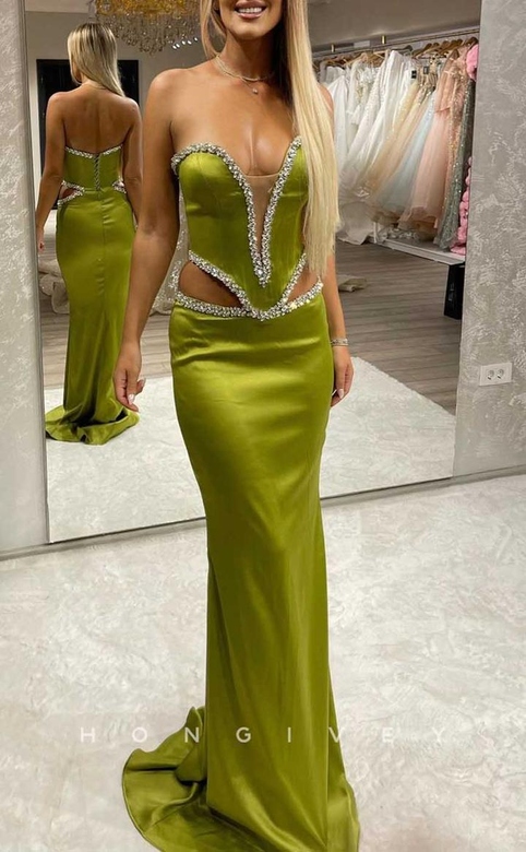 Plunging V-Neck Strapless Illusion Beaded Satin Gown