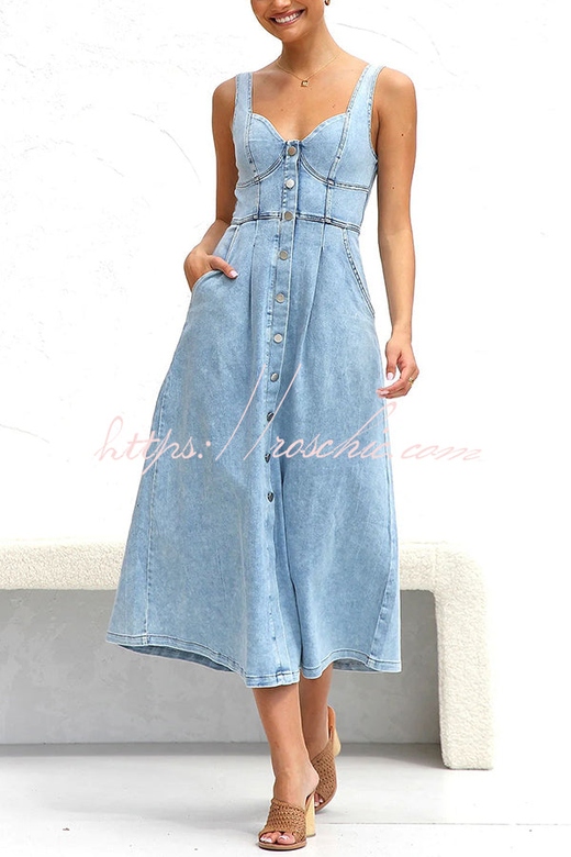 Washed Denim Button Pocket Smocked Midi Dress