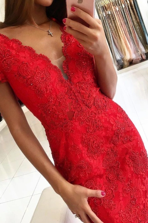 Backless V-Neck Short Sleeves Red Mermaid Lace Prom Gown