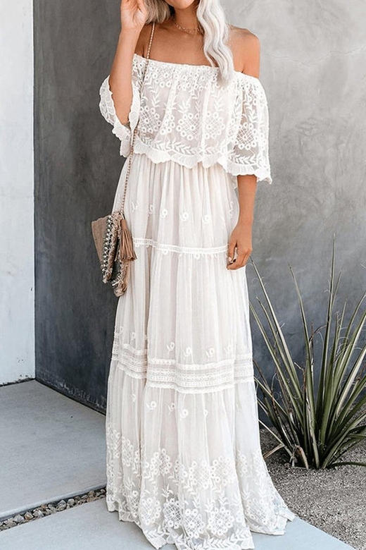 High Waist Lace Off-Shoulder Maxi