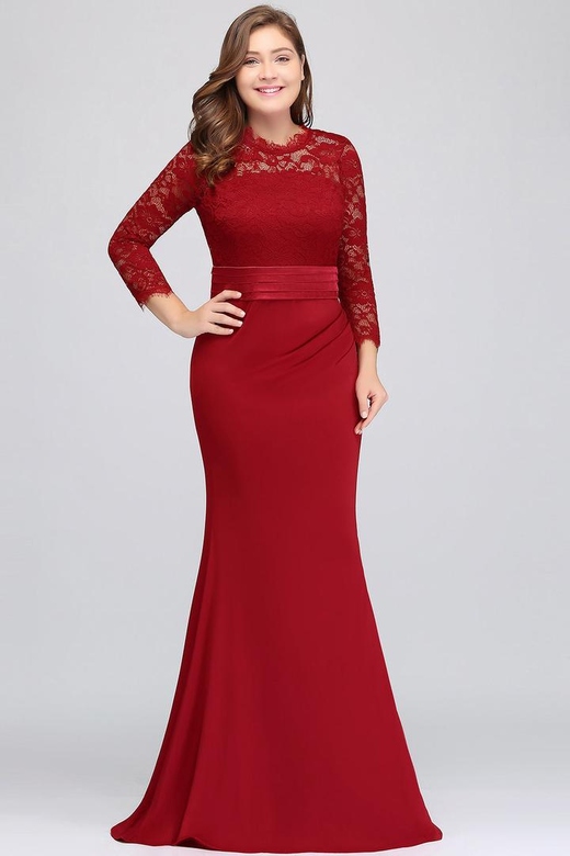 Plus Size Mermaid Long Red Lace 3/4 Sleeve Bridesmaid Dresses