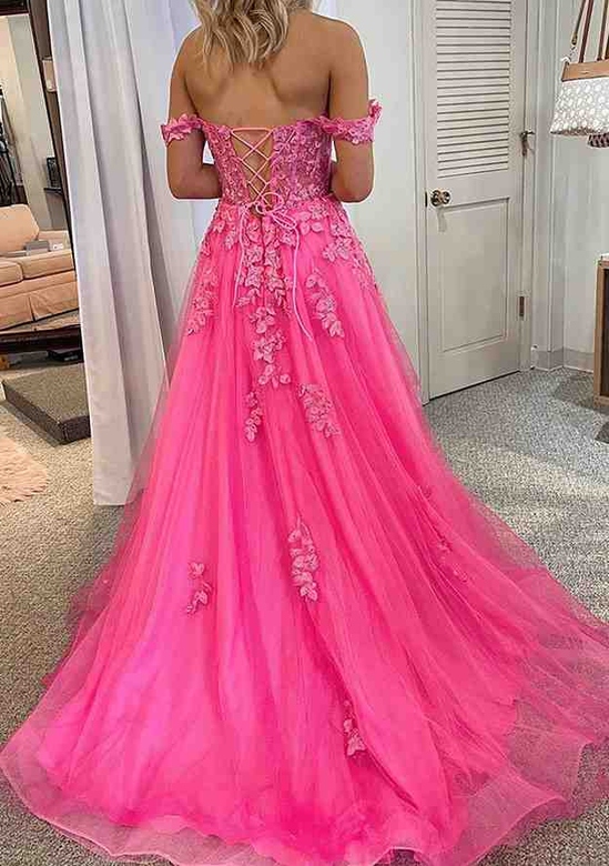 A-Line Off-the-Shoulder Laced Tulle Prom Dress with Beading Pockets and Split