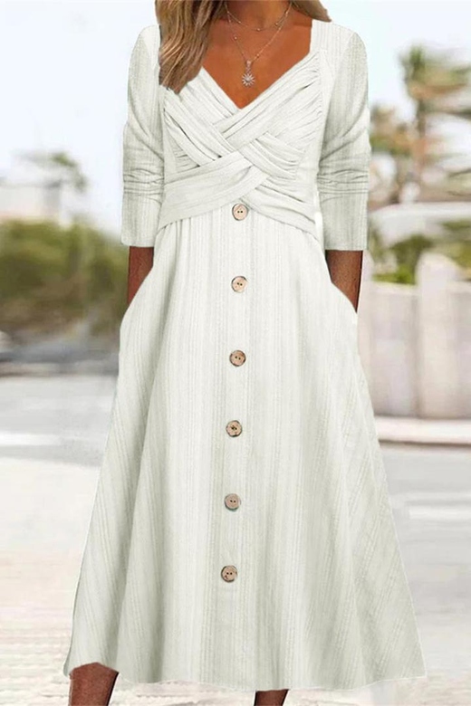 Solid Buttons V-Neck Long Sleeve Dresses