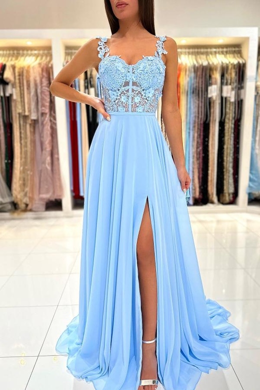 Sky Blue Sleeveless Slit Appliques Long Prom Dress