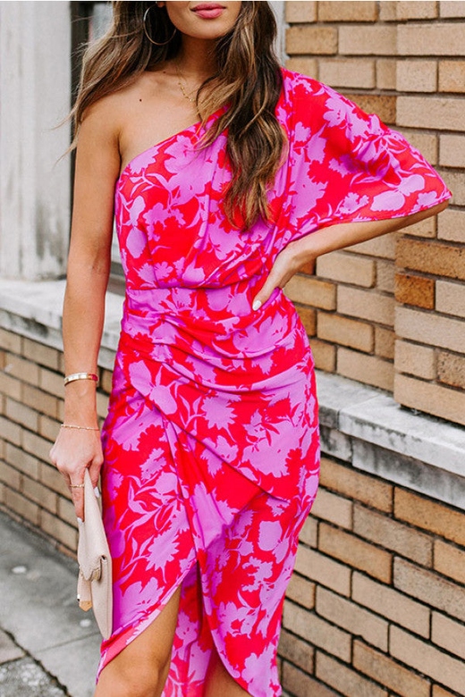 One-Shoulder Print Midi Dress for Unique Elegance