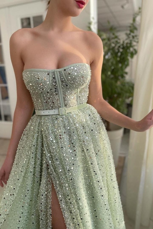 A-Line Strapless Sweetheart Sequined High Split Sexy Floor-Length Prom Dress