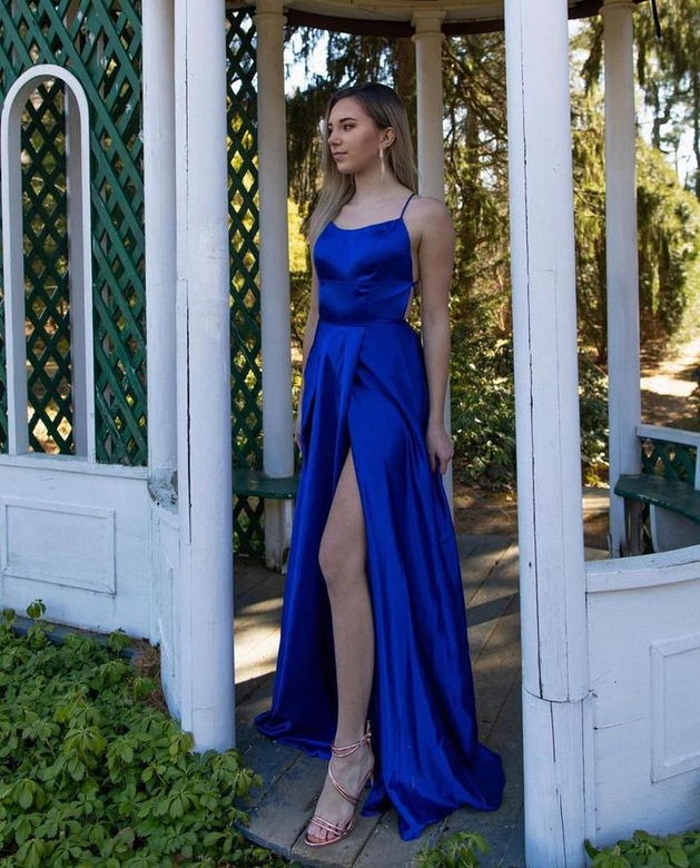 Royal Blue Spaghetti-Strap Slit Long Prom Dress