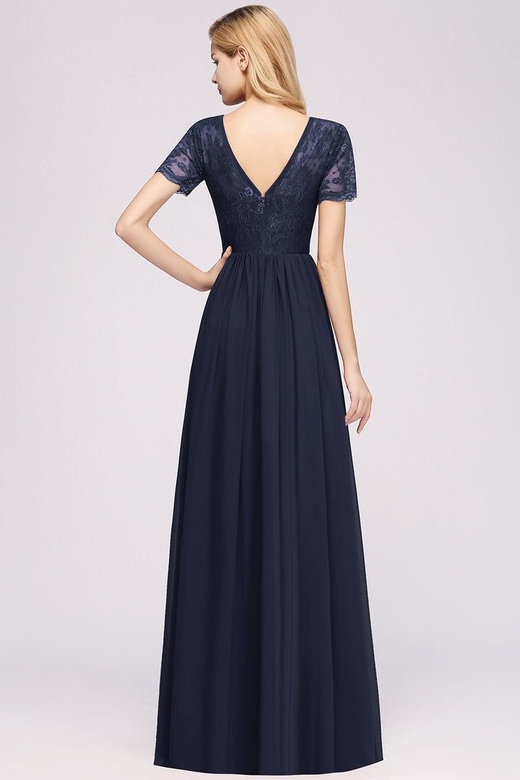 Elegant Dark Navy Long Lace Short-Sleeves Bridesmaid Dresses