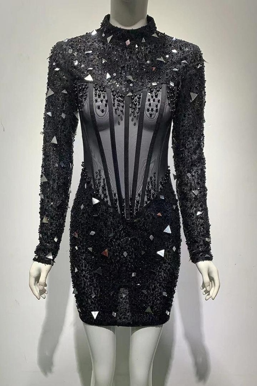 Sexy Black Beaded Long Sleeve Party Dress for Nightlife