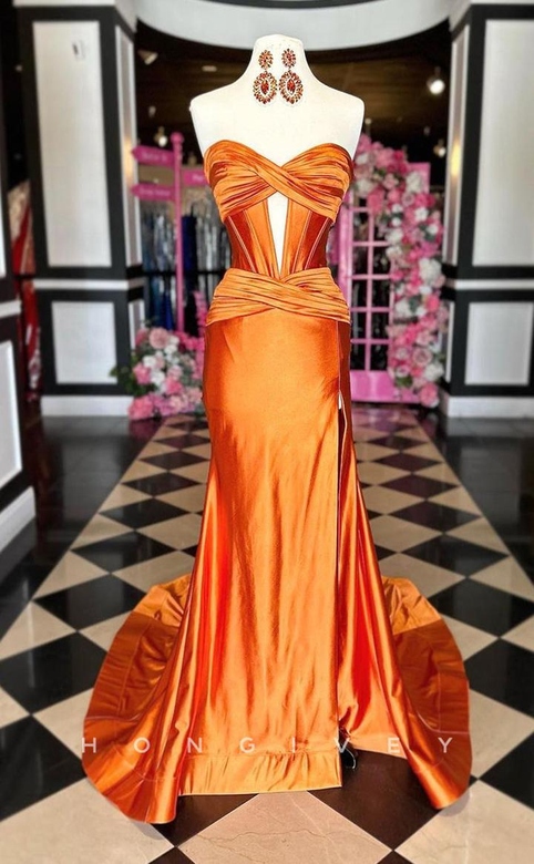 Satin Trumpet Sweetheart Strapless Side Slit Train Party Gown