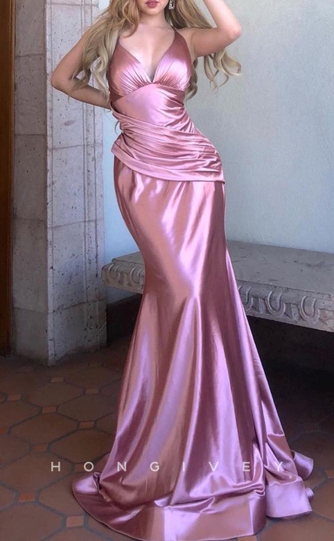 Dazzling Satin Trumpet V-Neck Spaghetti Straps Ruched Train Prom