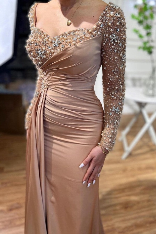 Pearls Long Sleeves V-Neck Mermaid Evening Dress for Events