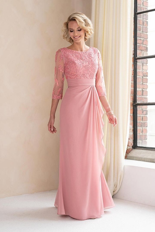 Scoop Long Sleeves Lace Appliqued Chiffon A-Line Mother of the Bride Gown