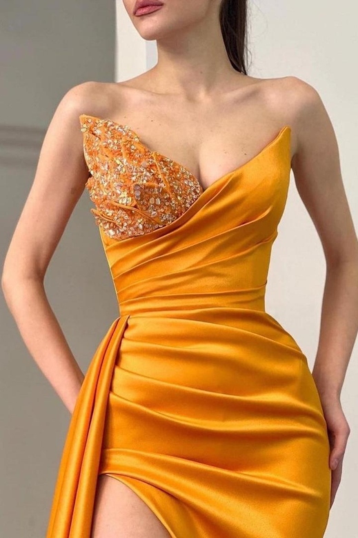 Orange Half-Beaded Long High Split Prom Dress, Sweetheart & Half Train