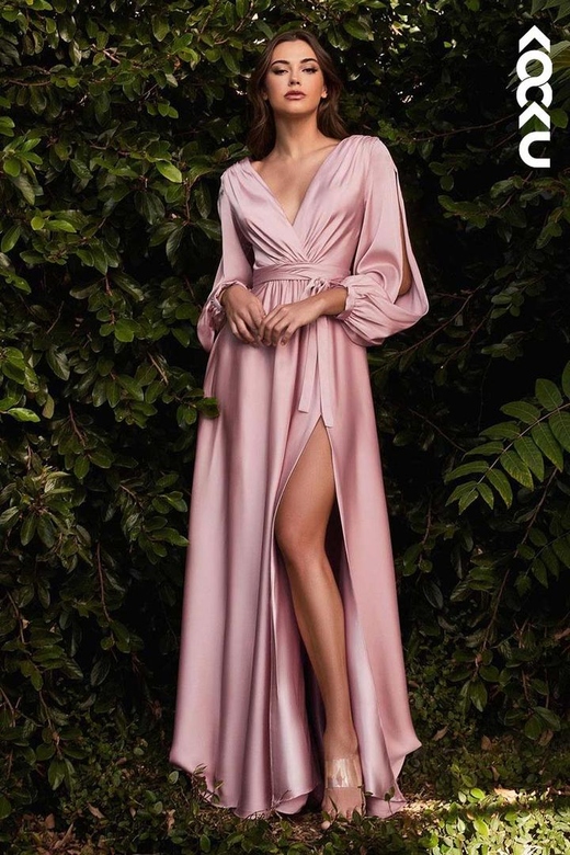 V-Neck Long Sleeves Satin A-Line Slit Long Bridesmaid Dress