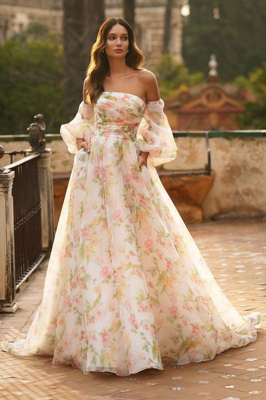 Strapless Floral Ruched Chiffon A-Line Dress with Sleeves