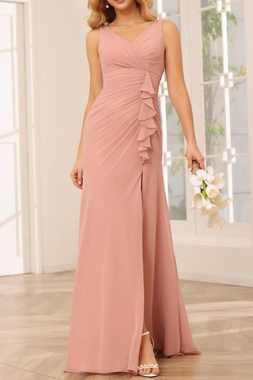 Halter Cross-Neck Satin Sheath Long Bridesmaid Gown with Slit