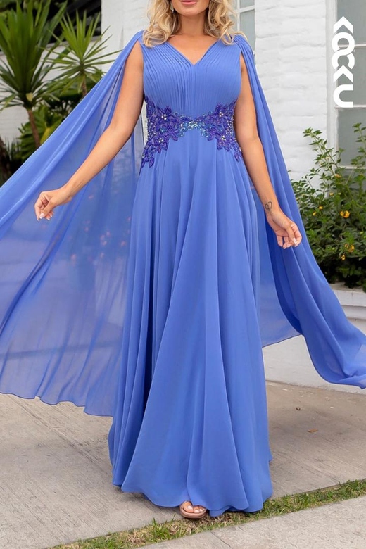 Couture Ornate V-Neck Appliques A-Line Cap Sleeves Chiffon