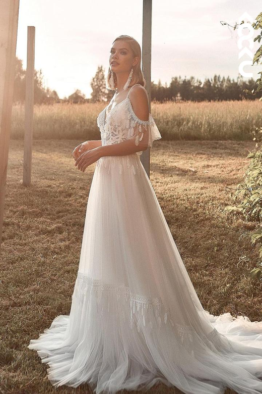 Glamorous V-Neck Cap Sleeves Straps A-Line Backless Wedding Dress