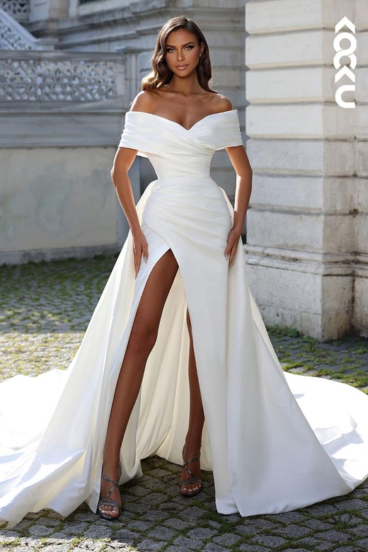 Off-Shoulder Ruched Satin Sheath Wedding Dress With Train