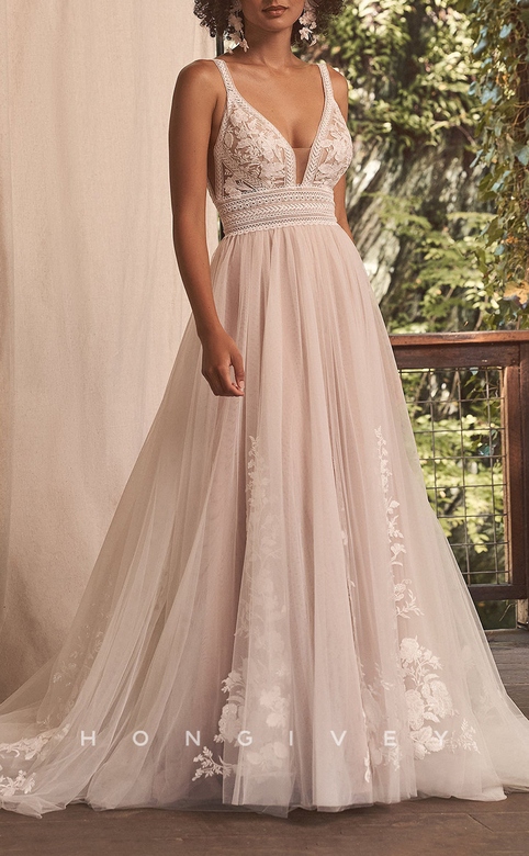 Sexy Tulle A-Line V-Neck Spaghetti Straps Wedding Gown