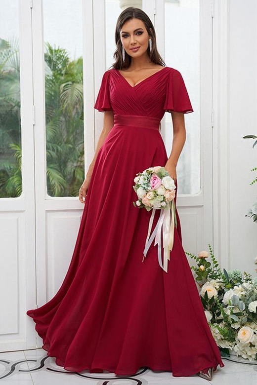 V-Neck Short Sleeves Velvet A-Line Long Bridesmaid Dress