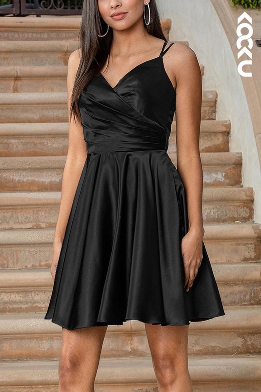 Simple V-Neck Sleeveless Ruched Satin A-Line Mini Homecoming Gown