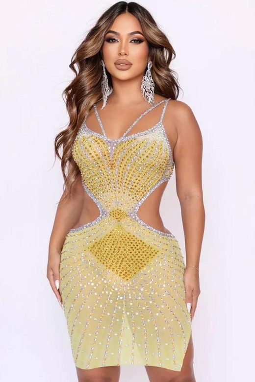 Yellow Sparkly Rhinestone V Neck Sheer Mesh Cutout Party Mini Dress