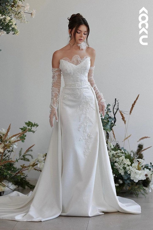 Couture V-Neck Mermaid Satin Wedding Dress with Applique