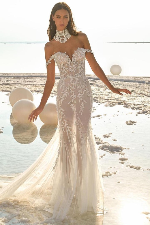 Sweetheart Off-Shoulder Lace Sheer Tulle Mermaid Wedding Dress