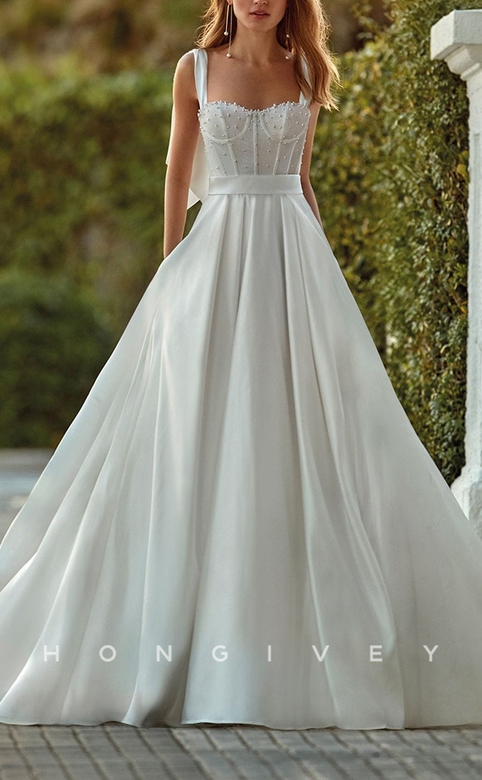 Pearl Beaded Wedding Dress with Train & Bow Detail