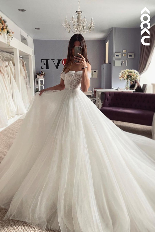 A-Line Sweetheart Tulle Applique Bohmian Beach Wedding Dress