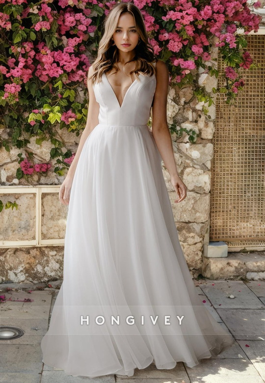 Casual A-Line V-Neck Sleeveless Beach Wedding Gown