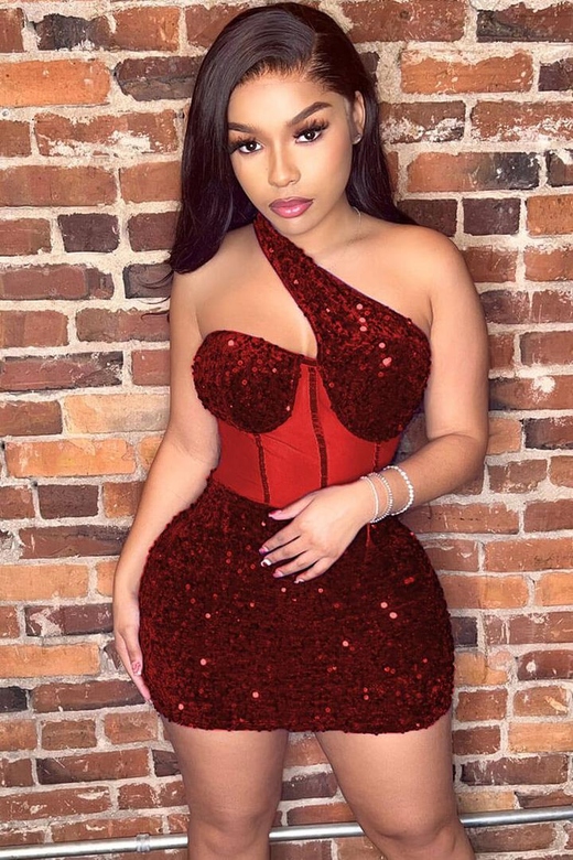 Red Sparkly One Shoulder Mesh Velvet Sequin Bodycon Party Mini Dress