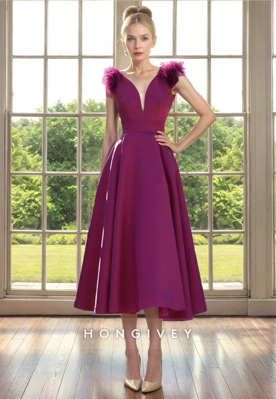 Satin A-Line V-Neck Sleeveless Feathered Mother of the Bride Dress