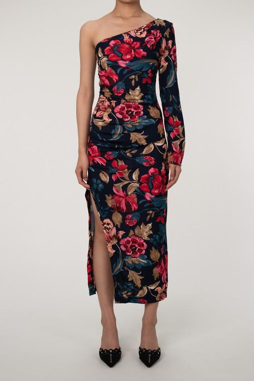 Asymmetrical One Shoulder Ruched Split Floral Cocktail Midi